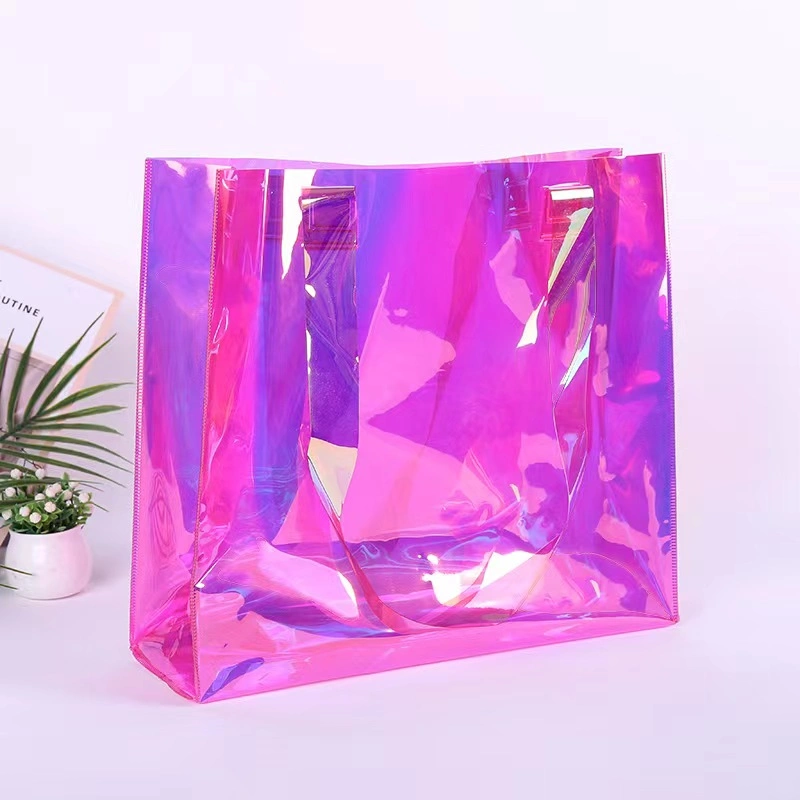 Custom Heat Sealed Transparent Clear PVC Shopping Tote Bag Promotional Fashion Beach Tote Bag Ladies Reusable Hand Bag for Shopping