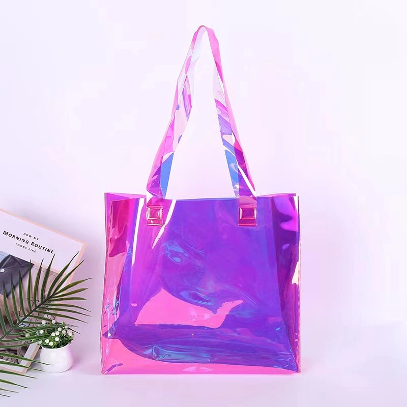 Custom Heat Sealed Transparent Clear PVC Shopping Tote Bag Promotional Fashion Beach Tote Bag Ladies Reusable Hand Bag for Shopping