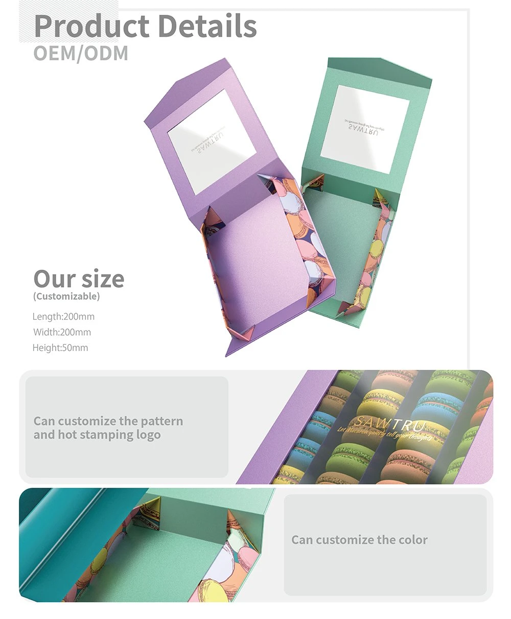 Sawtru Wholesale Rigid Cardboard Packaging Paper Macarons Box with PVC Window for Food Nuts Chocolate Candy Cake
