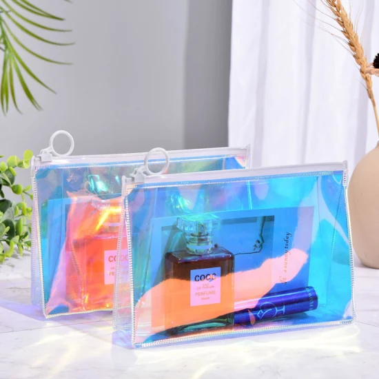 Iridescent Clear Toiletry Bag Waterproof Holographic PVC Zipper Makeup Bags